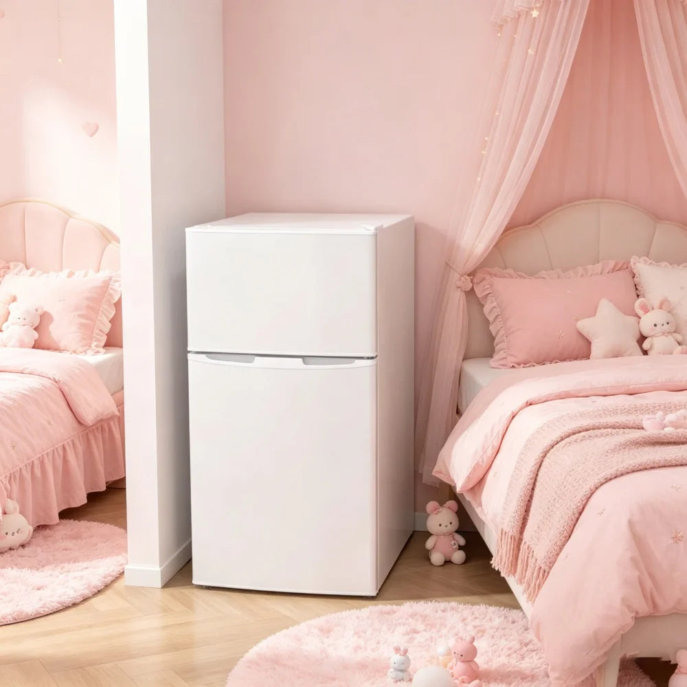 White 2 Door Mini Fridge with Freezer, 3.21 Cu.ft Compact Refrigerator (0.95 Cu.ft Freezer + 2.26 Cu.ft Fridge), for Bedroom, Dorm, Office, Apartment, Keep Food, Drinks & Frozen Items Fresh