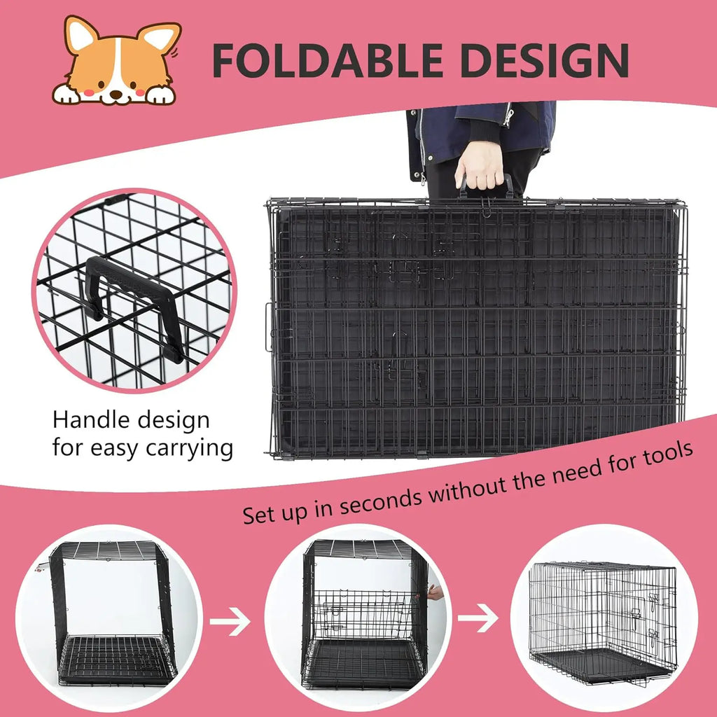 Extra Large Dog Crate Dog Kennel Cage with Double Door,48 inch Folding Metal Wire Dog Cage with Removable Tray&Divider P