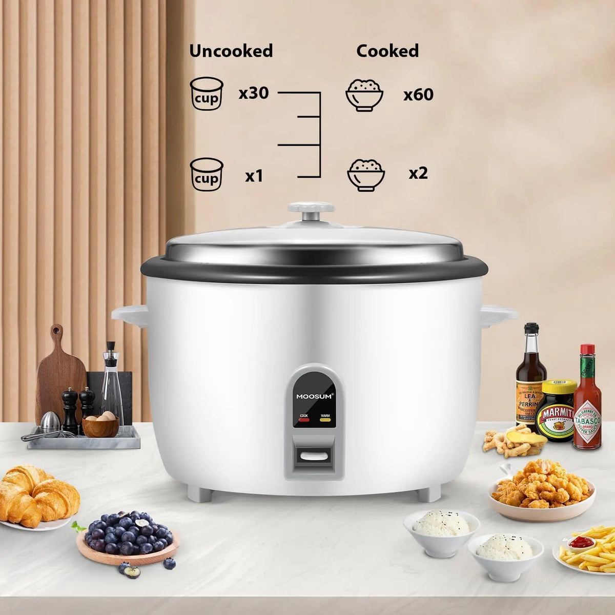 Large Capacity 30-Cup Rice Cooker with One-Touch Operation, Keep Warm, and Easy Cleaning