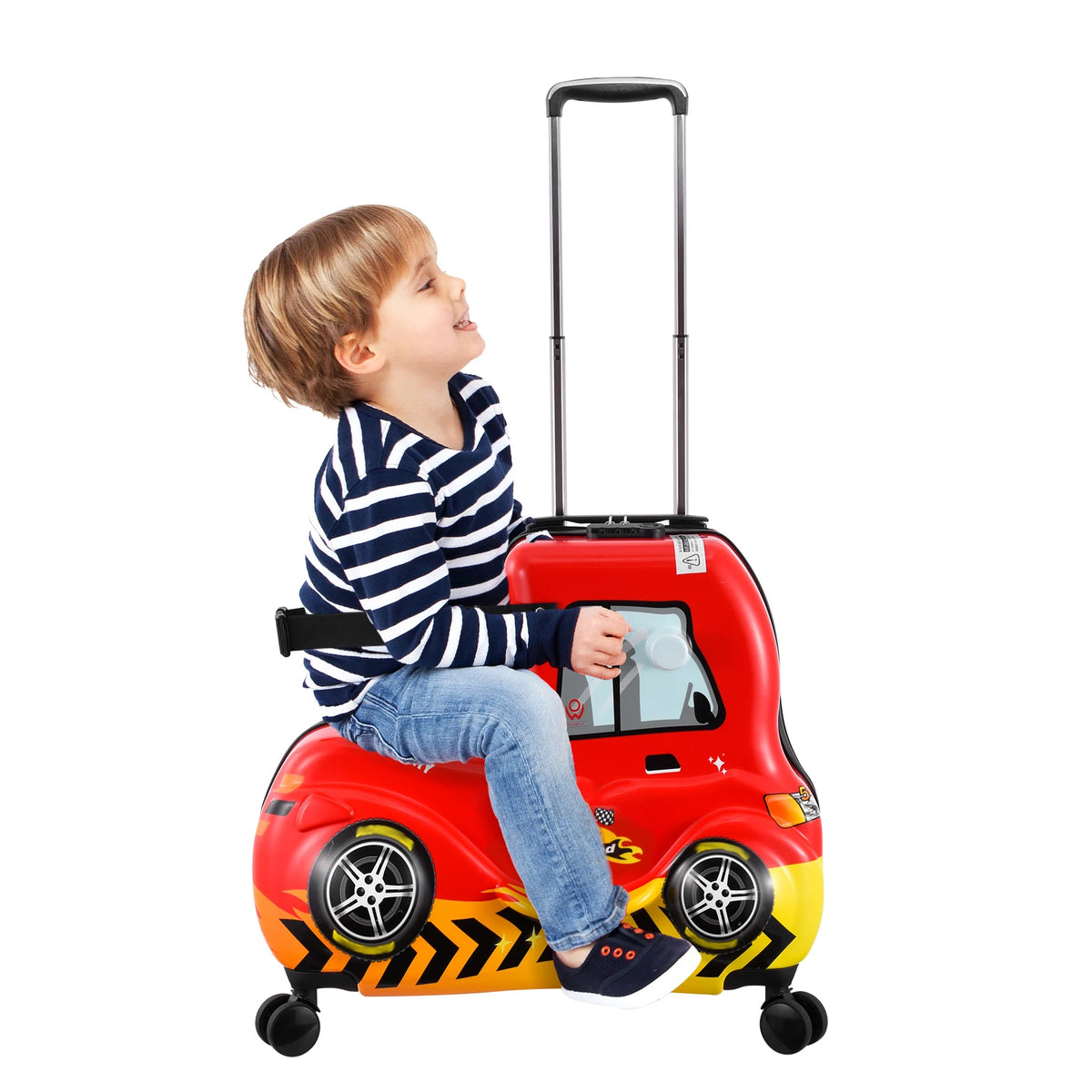 Kids Checked Ride on Luggage, 24 Inch Large Suitcase for Teens, Hardside Spinner Trunk with 360 Wheels, International Travel, Red car