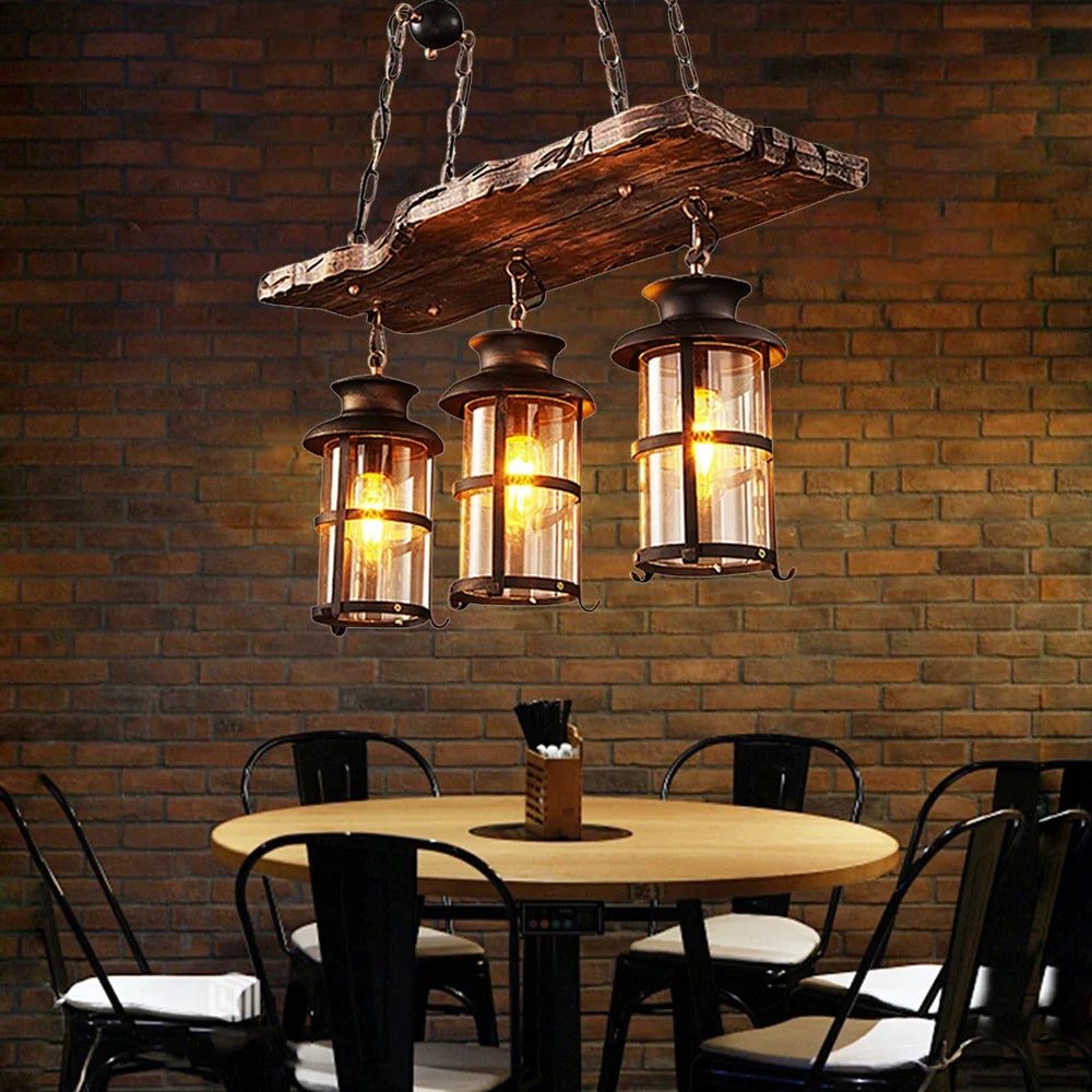 Three-Light Rustic Chandelier, Farmhouse Style Chandelier, Vintage Kitchen Ceiling Light, Wooden Pendant Light Fixture