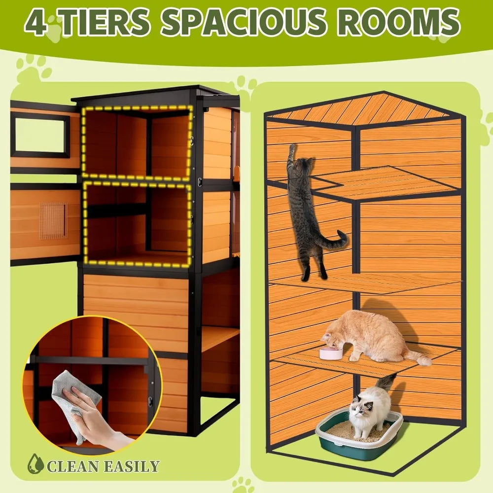 Catio Outdoor Cat Enclosures, Large 4 Tiers Wood Cat House, Cat Enclosure Connect to Window with Weatherproof Roof, 4 Platforms