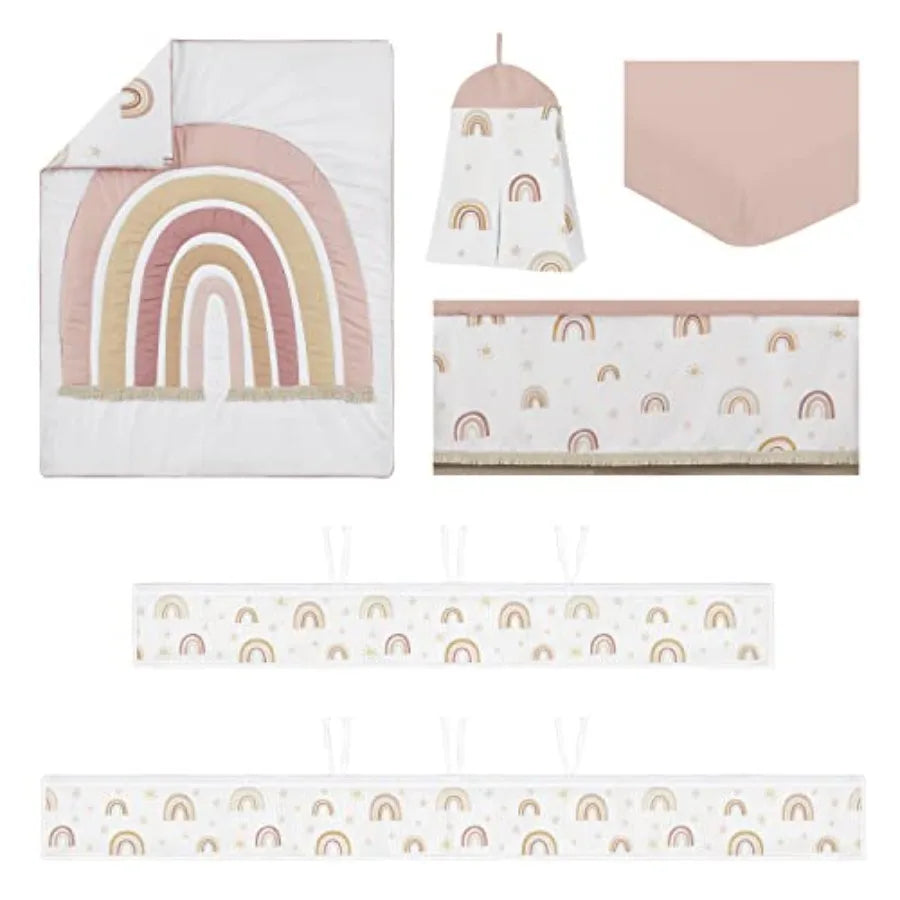 Boho Rainbow Girl Baby Crib Bedding Set Infant Nursery BreathableBaby Breathable Mesh Crib Liner Blanket Sheet Skirt 6 PC Blush