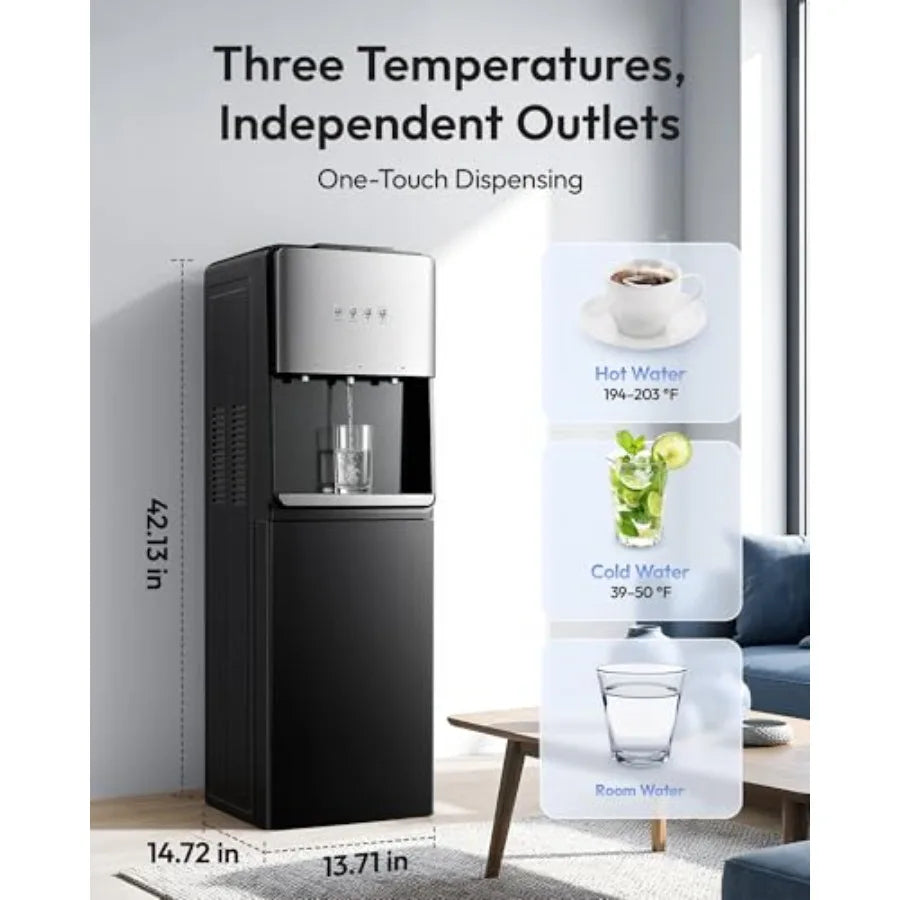 Self-Cleaning Bottom-Loading Water Dispenser for 5 Gallon Bottles - Black 3 Temperature Settings with Hot Room and Cold Water O