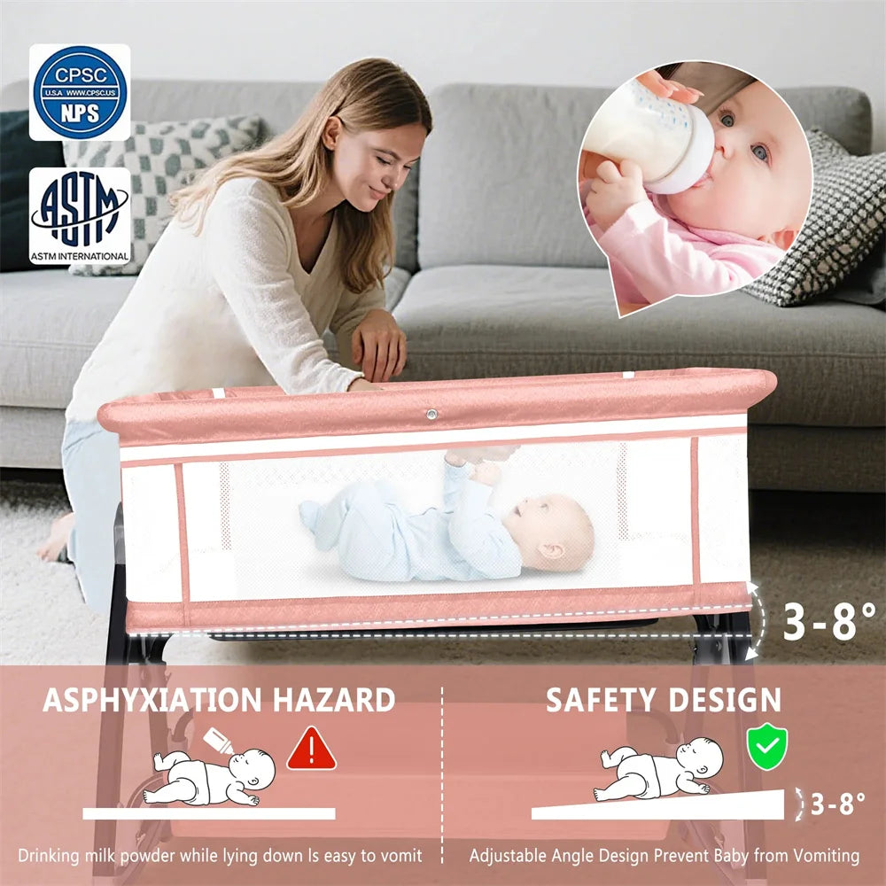 Baby Bassinet, HDJ Baby Bedside Sleeper Bassinet with 360° Wheel, Portable Infant Bed Side Crib for 0-6 Months, Pink