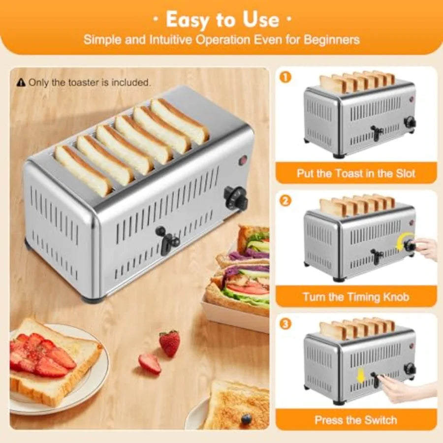 6-Slice Pop-up Bread Baking Machine Electric Countertop Toaster with Stainless Steel Wide Slots and 1-5 Minute Timer for Home R