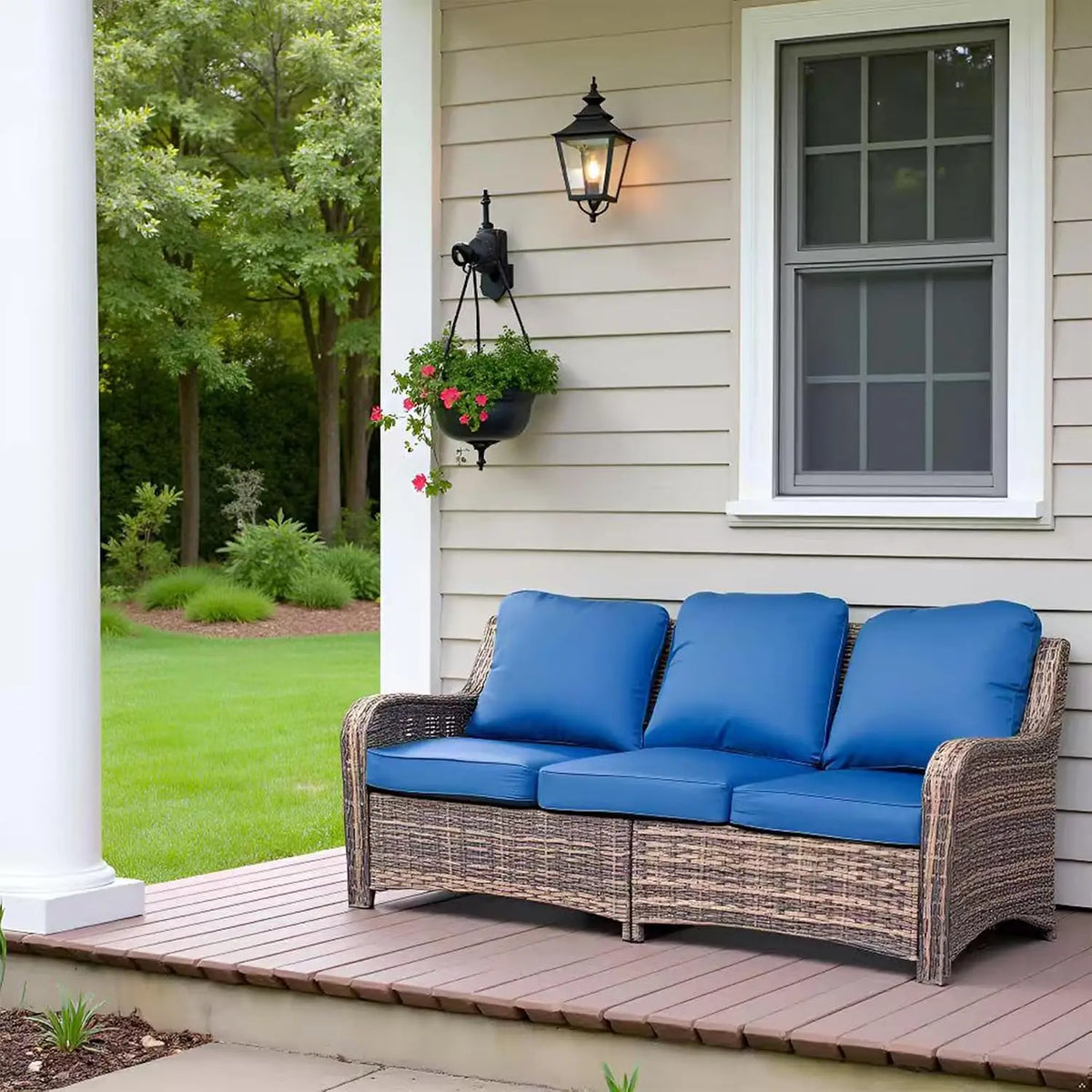 Outdoor Patio Wicker Sofa 3-Seater with Wide Armrests Comfortable Garden Couch for Entertaining And Relaxing(Blue)