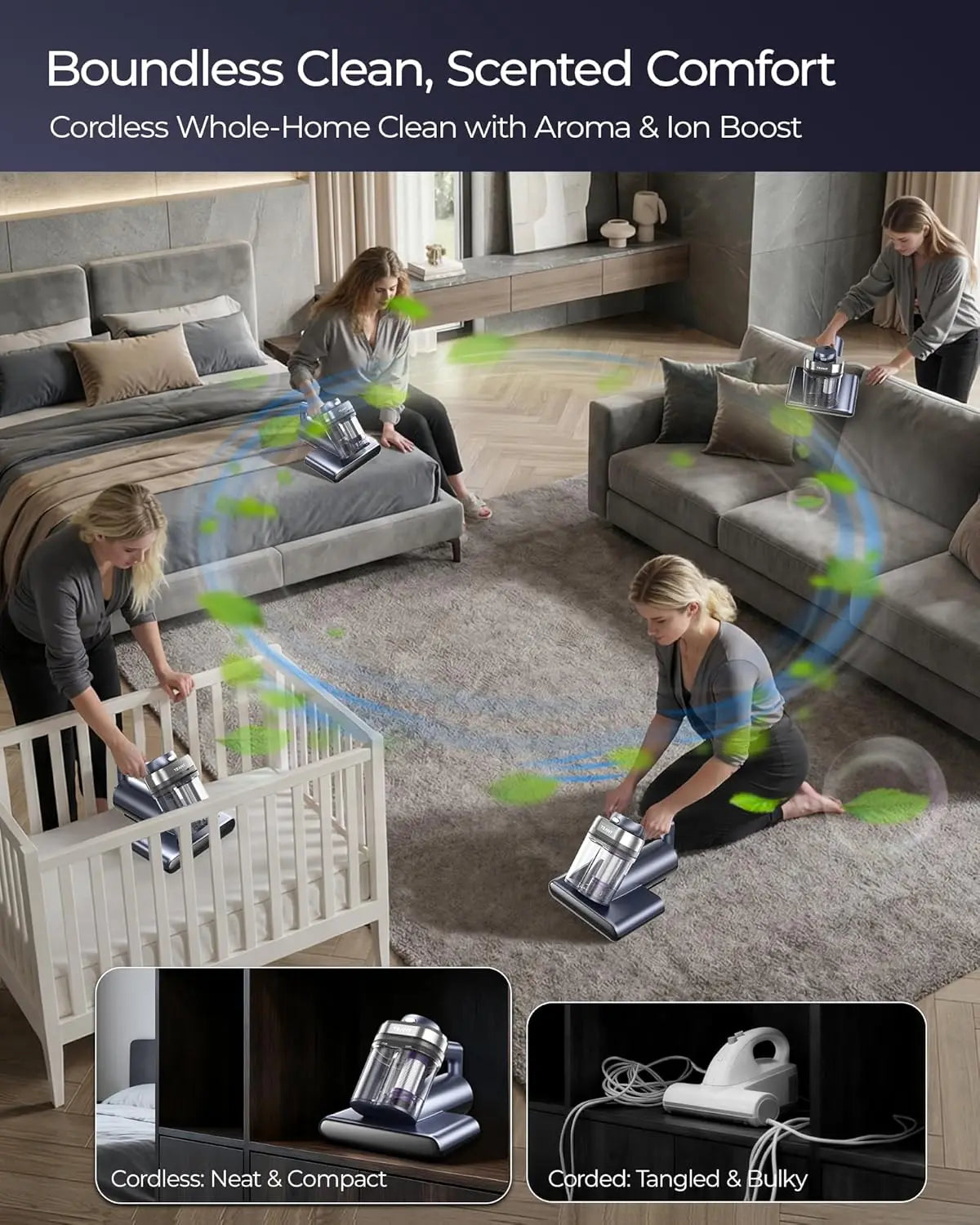 Cordless Mattress Vacuum with 18kPa Suction, UV-C Light, Heat & Aroma for Bed Sofa Cleaning