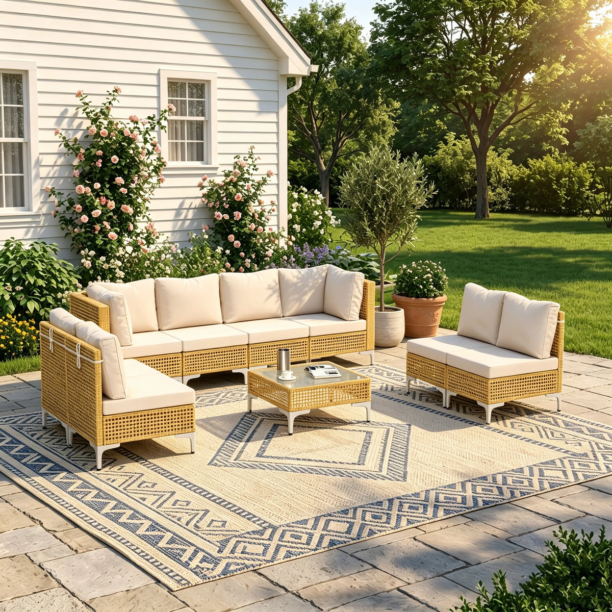 9-Piece Outdoor Patio Furniture Set Wicker Sectional Sofa with Thick Cushions And Glass Table for Backyard Garden