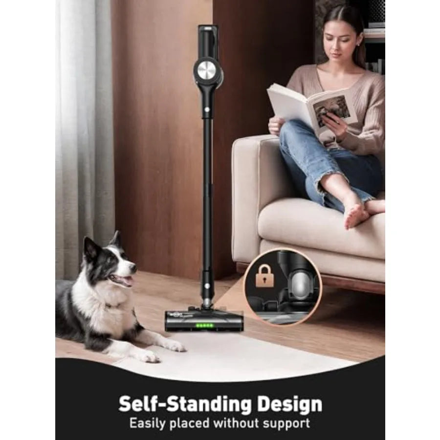 Cordless Stick Vacuum Cleaner 46KPa 500W with 55M Runtime Self-Standing LED Display Anti-Tangle Brush Rechargeable for Hardwood
