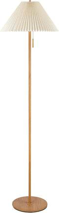 62" Modern Floor Lamp with Wood-Toned Base and Pleated Shade, Pull Chain Switch for Living Room or Bedroom Lighting
