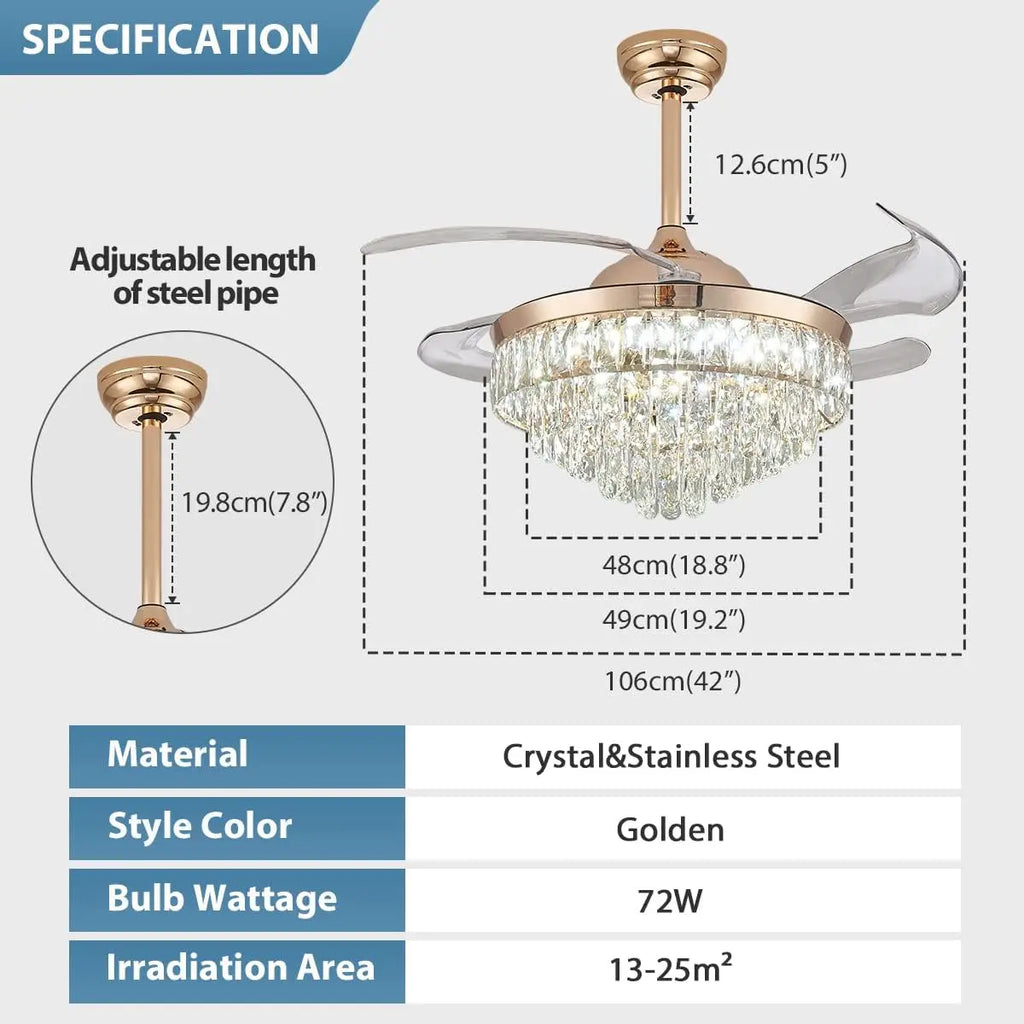 42'' Dimmable Ceiling Fan with Light and Remote Crystal Modern Chandelier Fan Retractable Fandelier with Memory, Silent Motor, 6