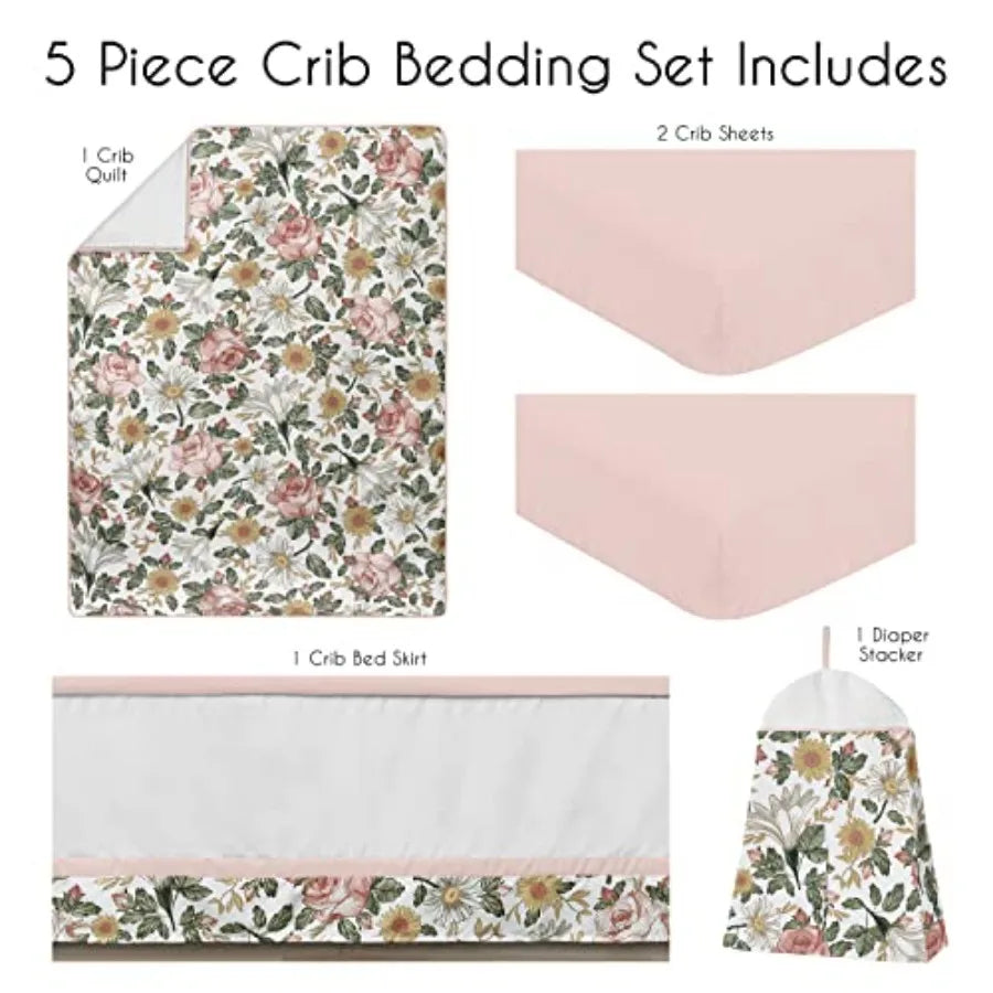 5-Piece Baby Crib Bedding Set Boho Vintage Floral for Girls Infants/Nursery incl. Blanket Fitted Sheet and Crib Skirt (Bohemian