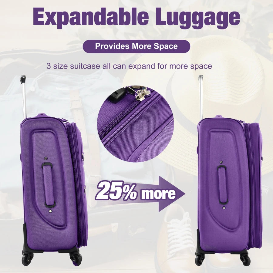 Softside Luggage Expandable 3 Piece Set Suitcase with Duffel Bag Upright Spinner Softshell Lightweight Luggage Travel Set-22/26