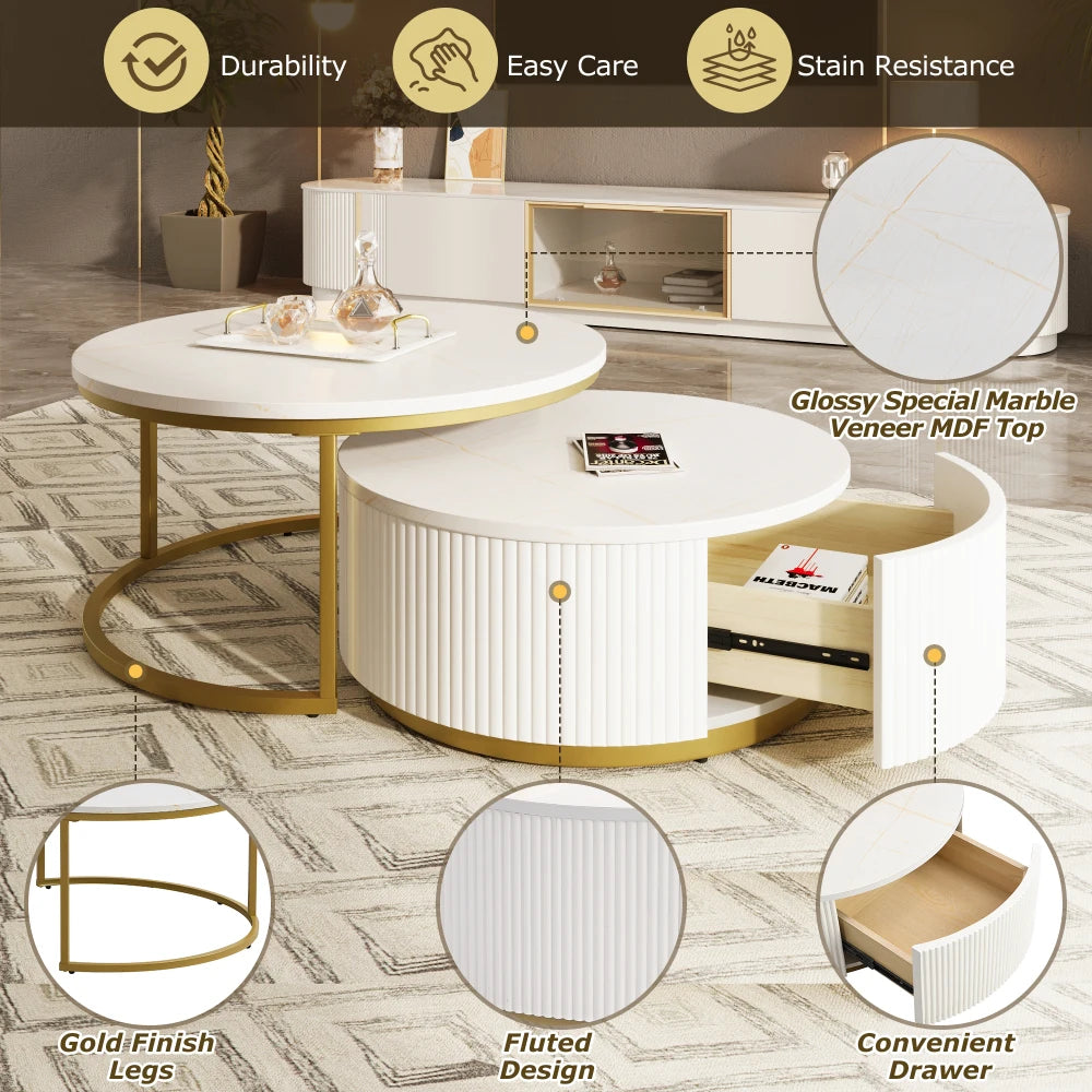 31.5'' Modern Round Fluted Nesting Coffee Table with Storage Drawer, White & Gold Accent Side Table for Living Room Home Decor