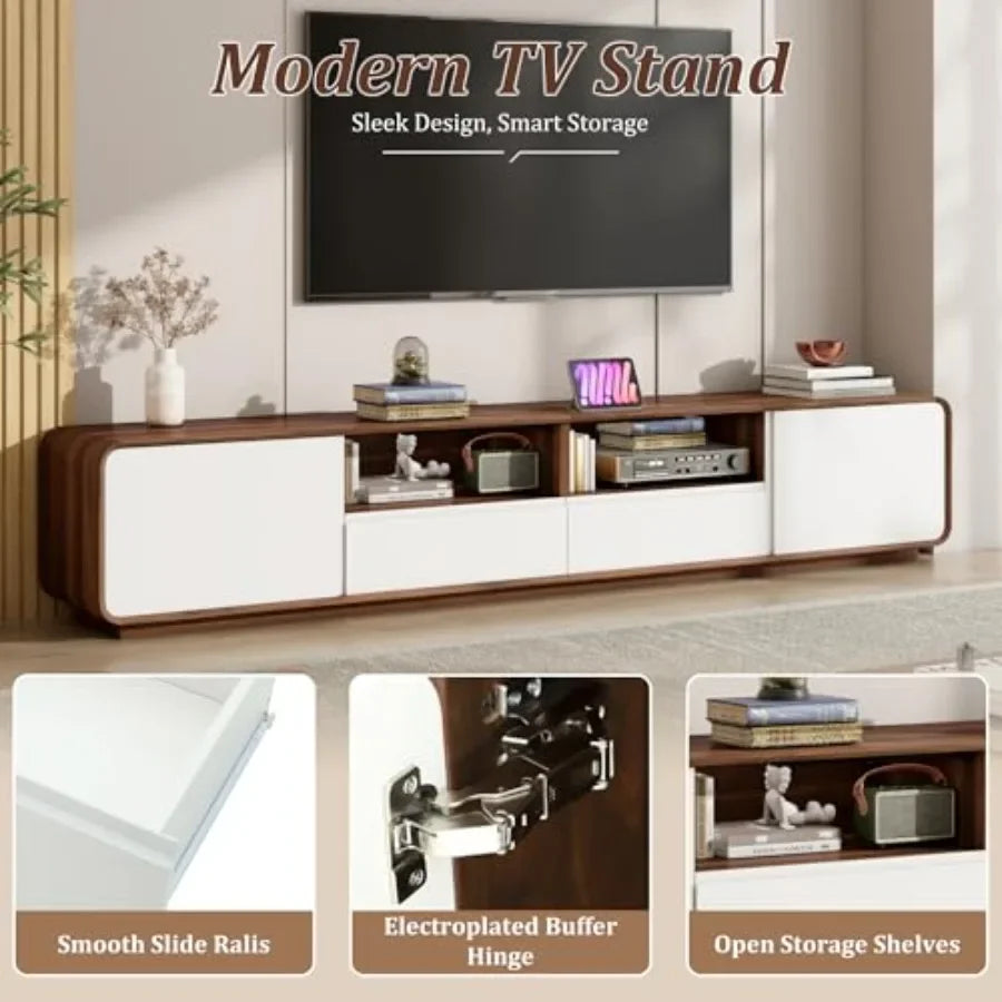 95" TV Stand for Living Room, Rounded Edge Entertainment Center with 2 Large Storage Cabinets and 2 Drawers, Modern TV Console