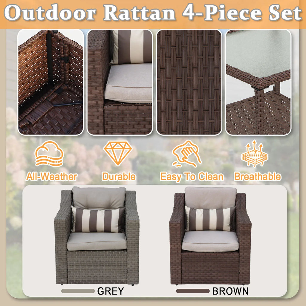 4-Piece Outdoor Patio Furniture Set, All-Weather Wicker Rattan Sectional Conversation Chairs with Cushions & 2 Ottomans, Weather Resistant for Backyard, Poolside, Porch – Patio Furniture Set, Outdoor Furniture, Patio Furnit