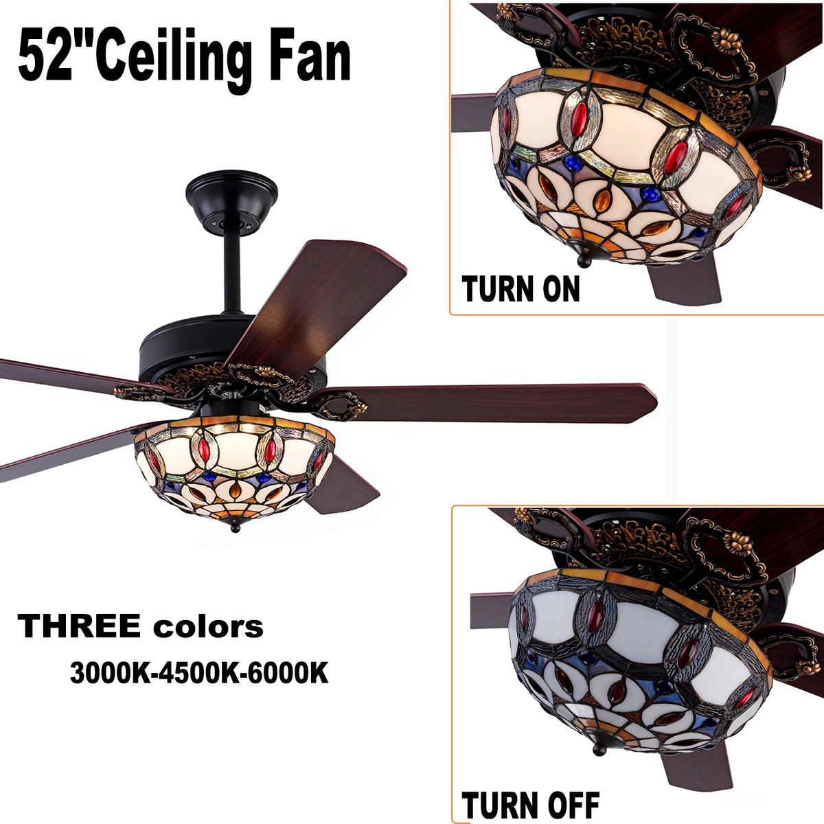 52'' Tiffany Ceiling Fan with 3 Lights + Remote Control Wooden Ceiling Fan