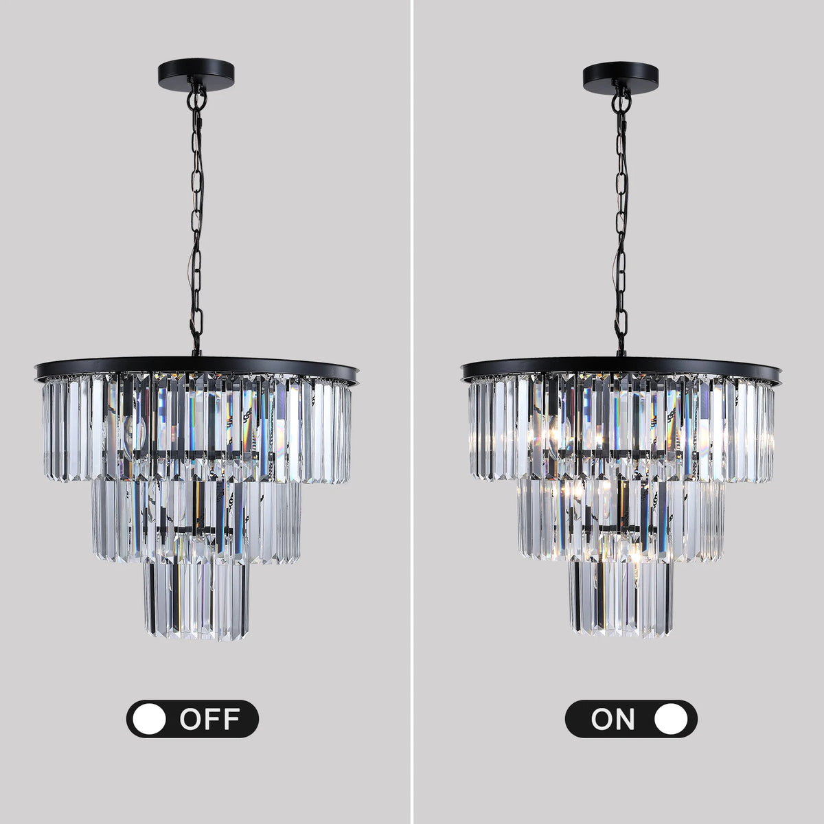 Multi-Finish 3-Tier K9 Crystal Chandelier - 20 Inch  Metal Frame Light, Black  Adjustable Height Rust-Resistant Fixtur