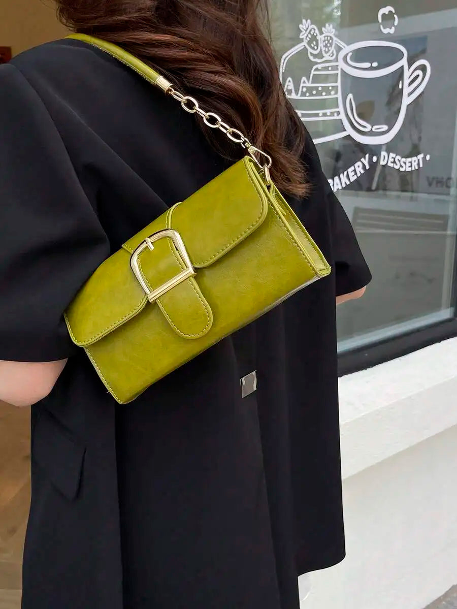 New Fashion Small Square Bag, Lock Closure Shoulder Crossbody Bag, Women Casual Commuter Underarm Versatile Handbag, Green
