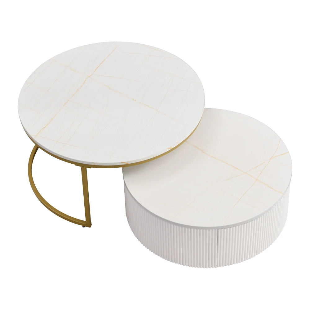 31.5'' Modern Round Fluted Nesting Coffee Table with Storage Drawer, White & Gold Accent Side Table for Living Room Home Decor