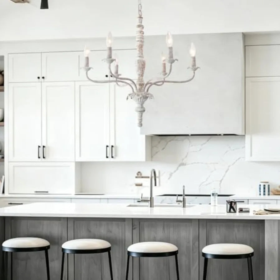 6-Lights French Country Chandelier for Dining Room, Living Room, Kitchen Island, Bedroom Distressed Wood, White, Vintage Modern