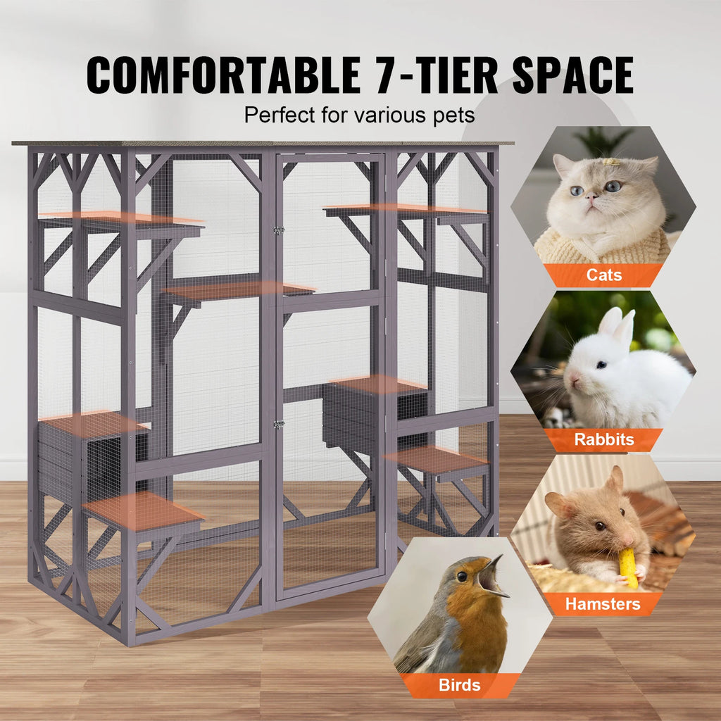 SucceBuy Cat House Outdoor 71.2x34.6x66.5 in 7-Tier Large Catio Cat Enclosure with 5 Platforms 2 Resting Boxes Large Front Door