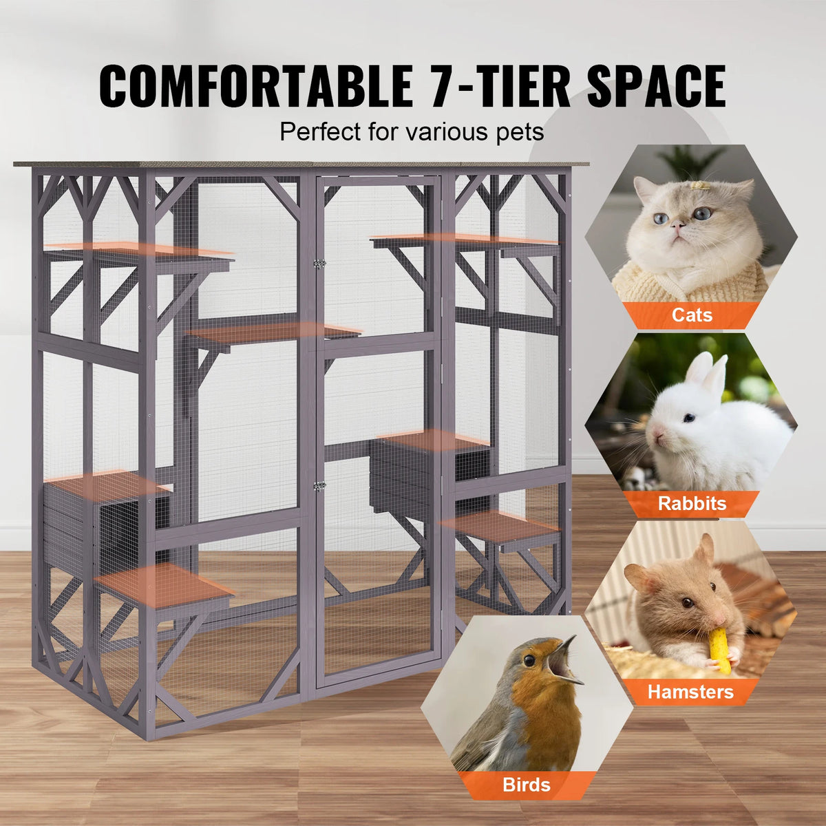 SucceBuy Cat House Outdoor 71.2x34.6x66.5 in 7-Tier Large Catio Cat Enclosure with 5 Platforms 2 Resting Boxes Large Front Door