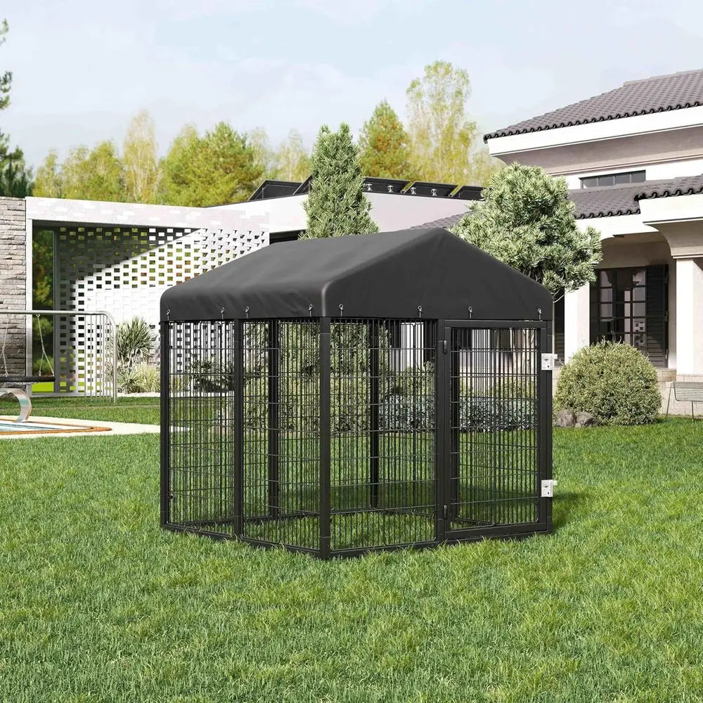 Sturdy Outdoor Dog Cage with Roof, Heavy-Duty Galvanized Steel Kennel with Double Safety Locks (4.5ft x 4ft x 4.2ft)