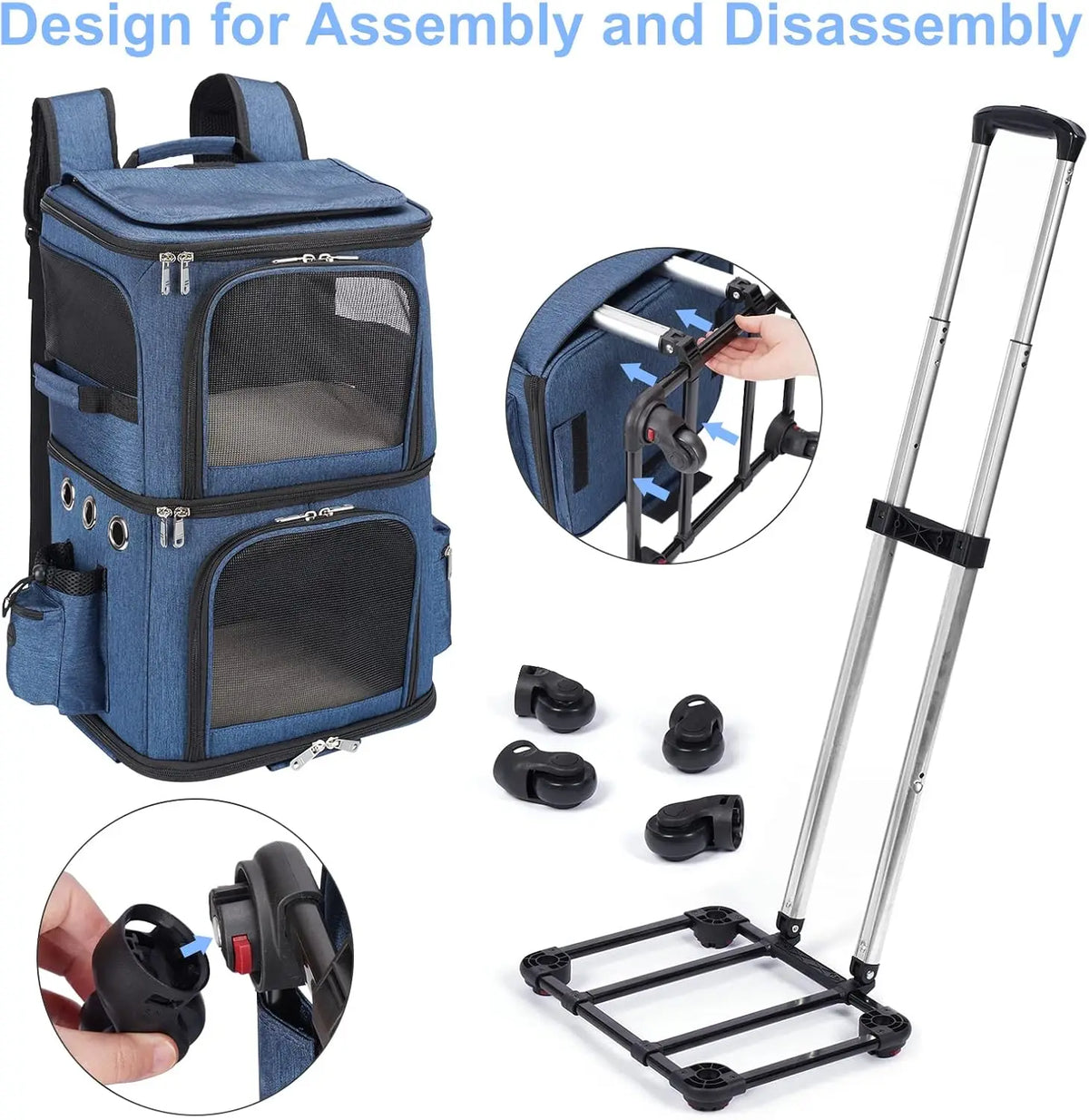 Double-Compartment Pet Carrier Backpack with Wheels for Small Cats and Dogs, Perfect for Traveling and Vet Visits, Blue