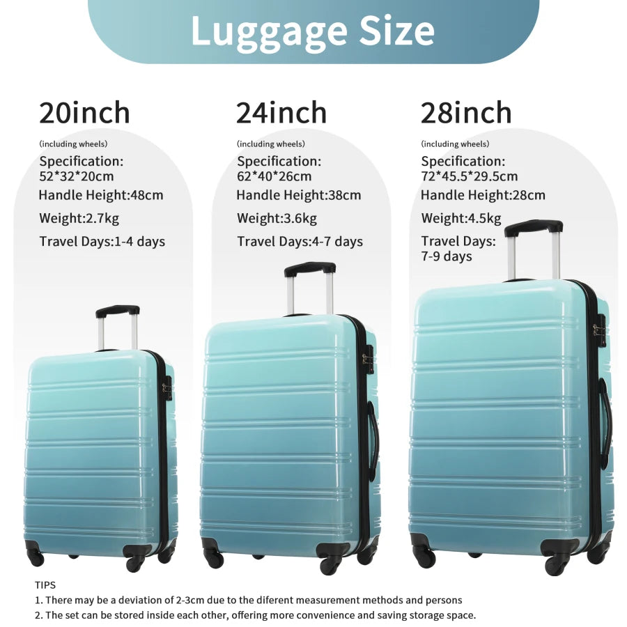 Hardshell Luggage Sets 3 Piece for Travel, Polycarbonate, Gradient Blue, Expandable with Spinner Wheels and TSA Lock, Lightweig