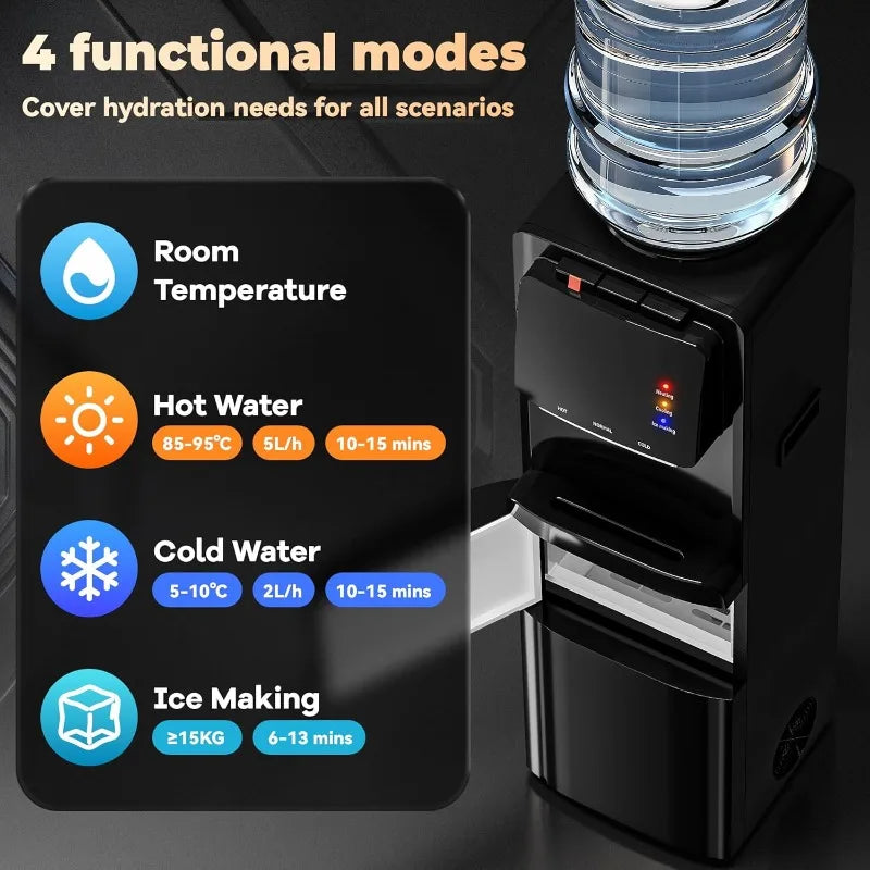 Tehanld Water Dispenser with Ice Maker,4-in-1 Top Loading Water Cooler with Hot,Cold & Room Temp Water,35lbs/Day Fast Ice Making