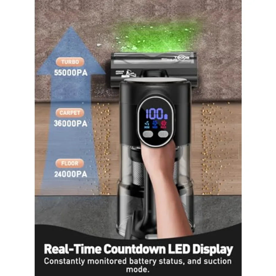 Cordless Stick Vacuum Cleaner 46KPa 500W with 55M Runtime Self-Standing LED Display Anti-Tangle Brush Rechargeable for Hardwood