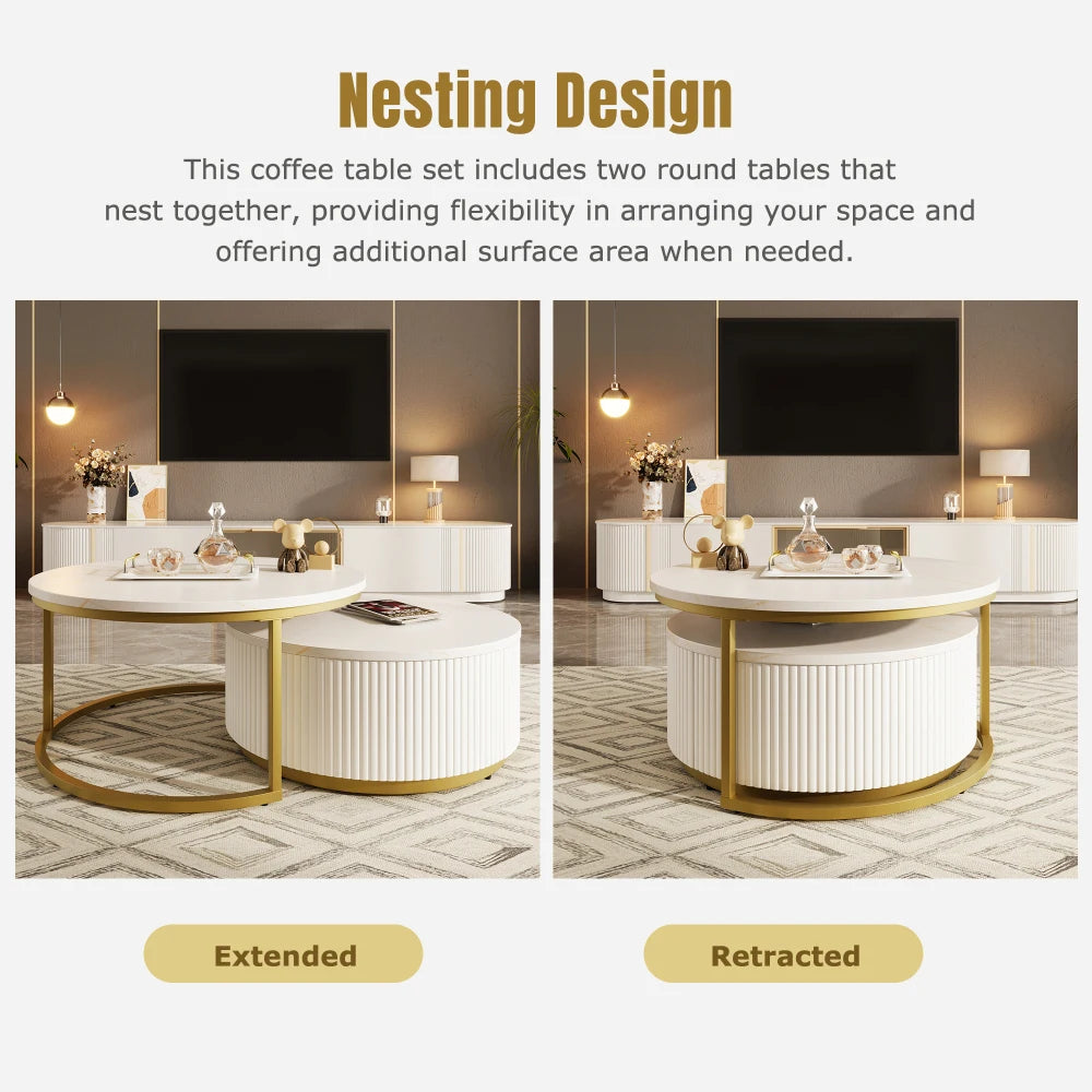 31.5'' Modern Round Fluted Nesting Coffee Table with Storage Drawer, White & Gold Accent Side Table for Living Room Home Decor