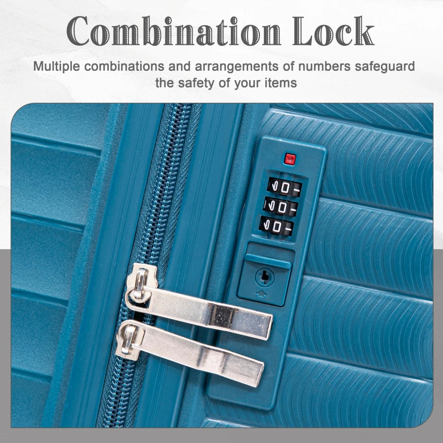 Carry on suitcase set for travel: PP spinner wheel luggage in blue, 14/20/24/28, iron pull rod, combination password lock, incl