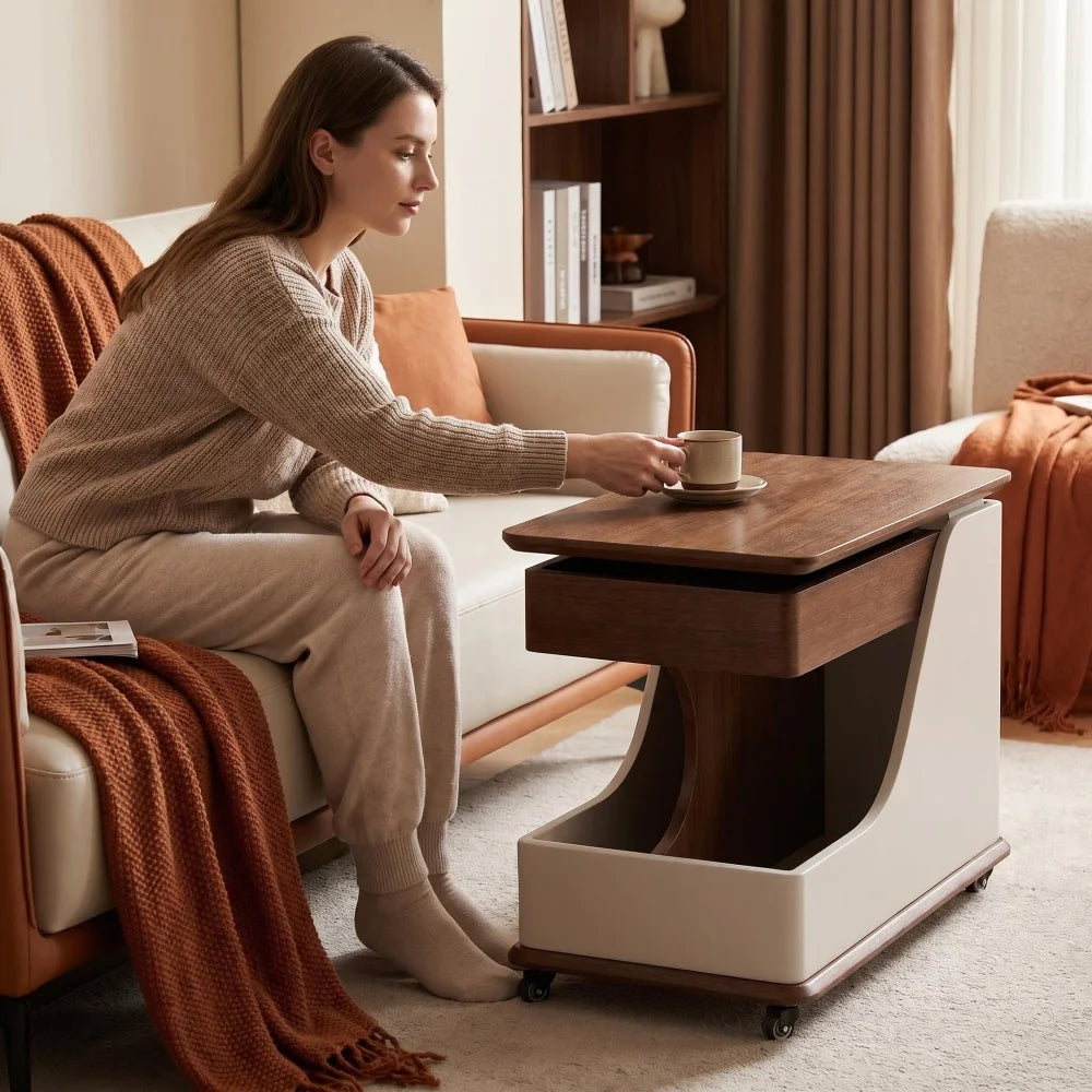 Height Adjustable Side Table Coffee Table, Portable End Table with Storage Compartments, for Living Room Balcony Bedroom FYCT
