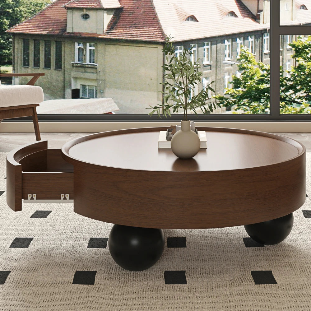 Round Walnut Coffee Table with Storage Drawer and Black Ball Feet, Mid-Century Modern Wooden Cocktail Table for Living Room FYCT