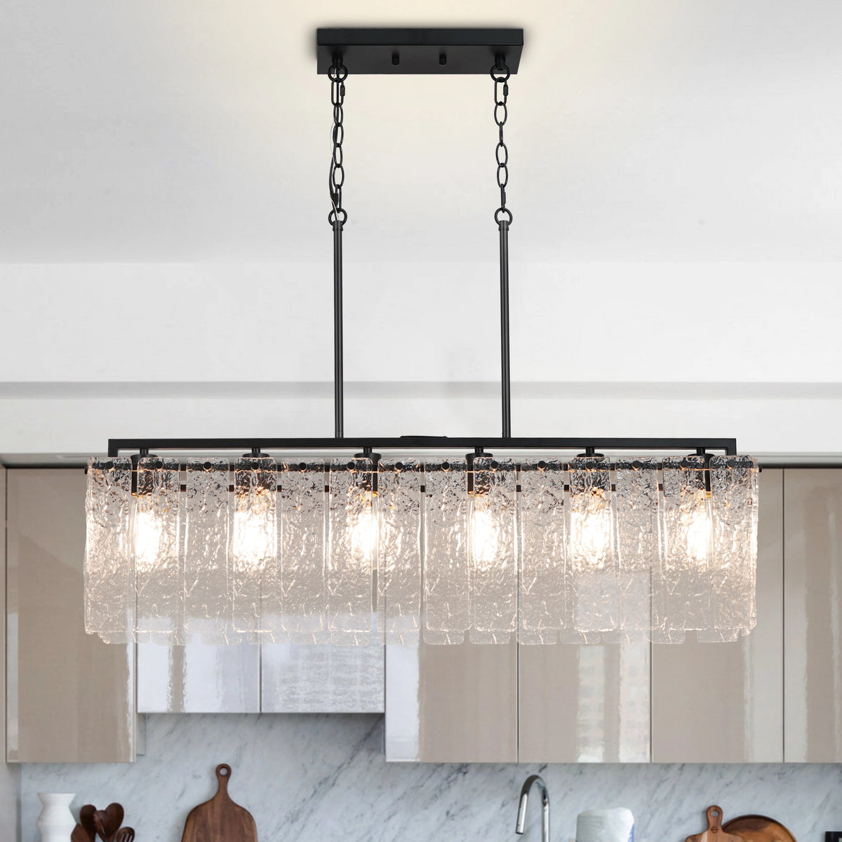 Rectangle Chandeliers for Dining Room 37" Water Ripple Glass Island Light Fixture Kitchen Island Lighting Adjust Height