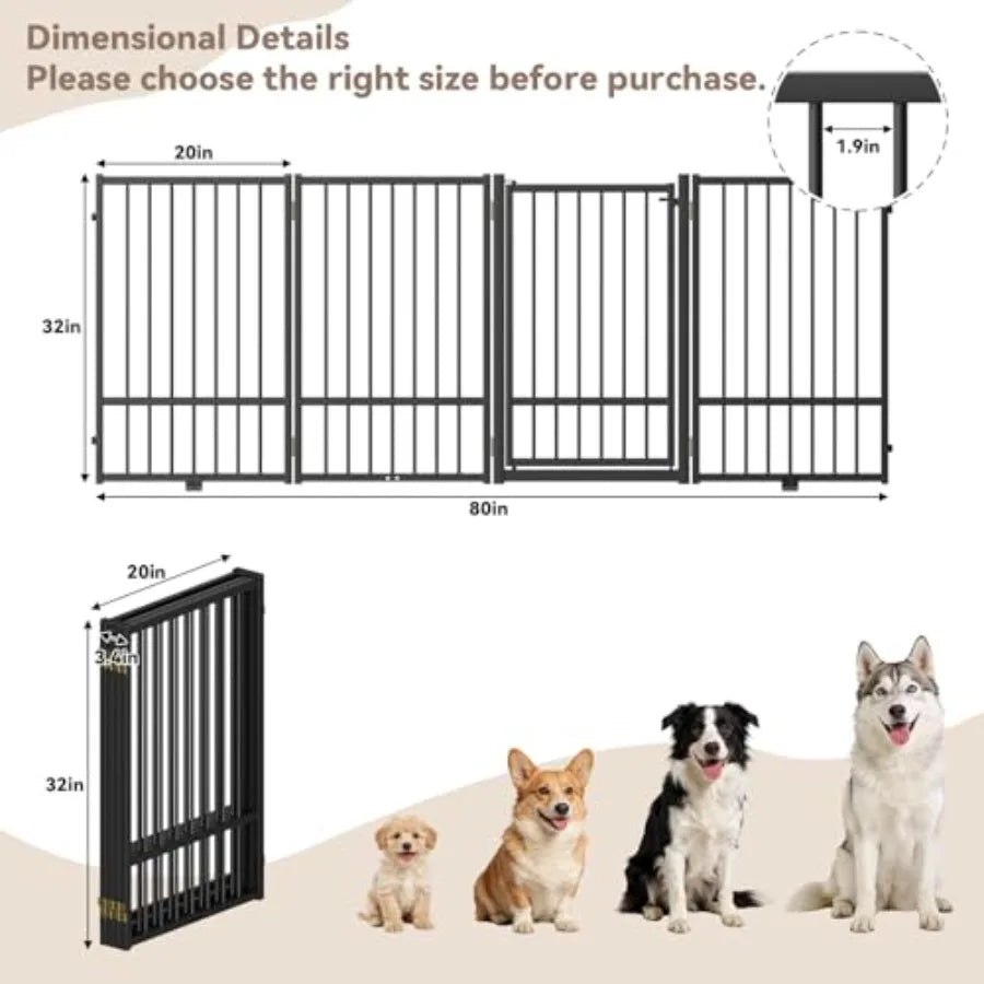 Full Metal Freestanding Dog Gate with Door 32''Height Foldable Pet Dog Fence for Indoor and Outdoor 4 Panels Extra Wide Free St