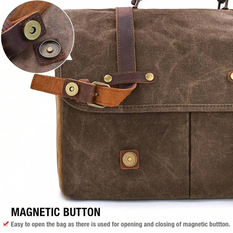 Men's Vintage Leather & Waxed Canvas Messenger Bag: Waterproof 15.6" Laptop Briefcase with Pencil Pouch. Rugged Satchel.
