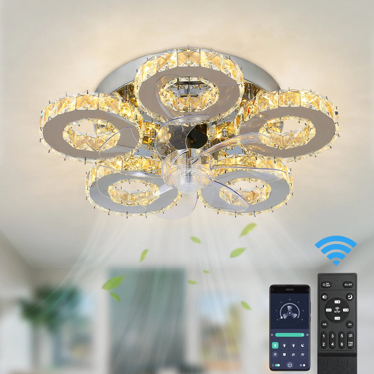 VETRULUS Modern Ceiling Fan Light Led Fan Lamp Smart APP RC Luxury Crystal Chandelier Home Decor Appliance Fixture Living Dining