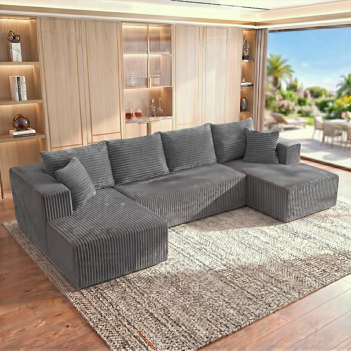 128" Boneless Modular Sectional Cloud Sofa, U-Shaped Double Chaise, Deep Seat, with 8 Free Throw Pillows for Living Room