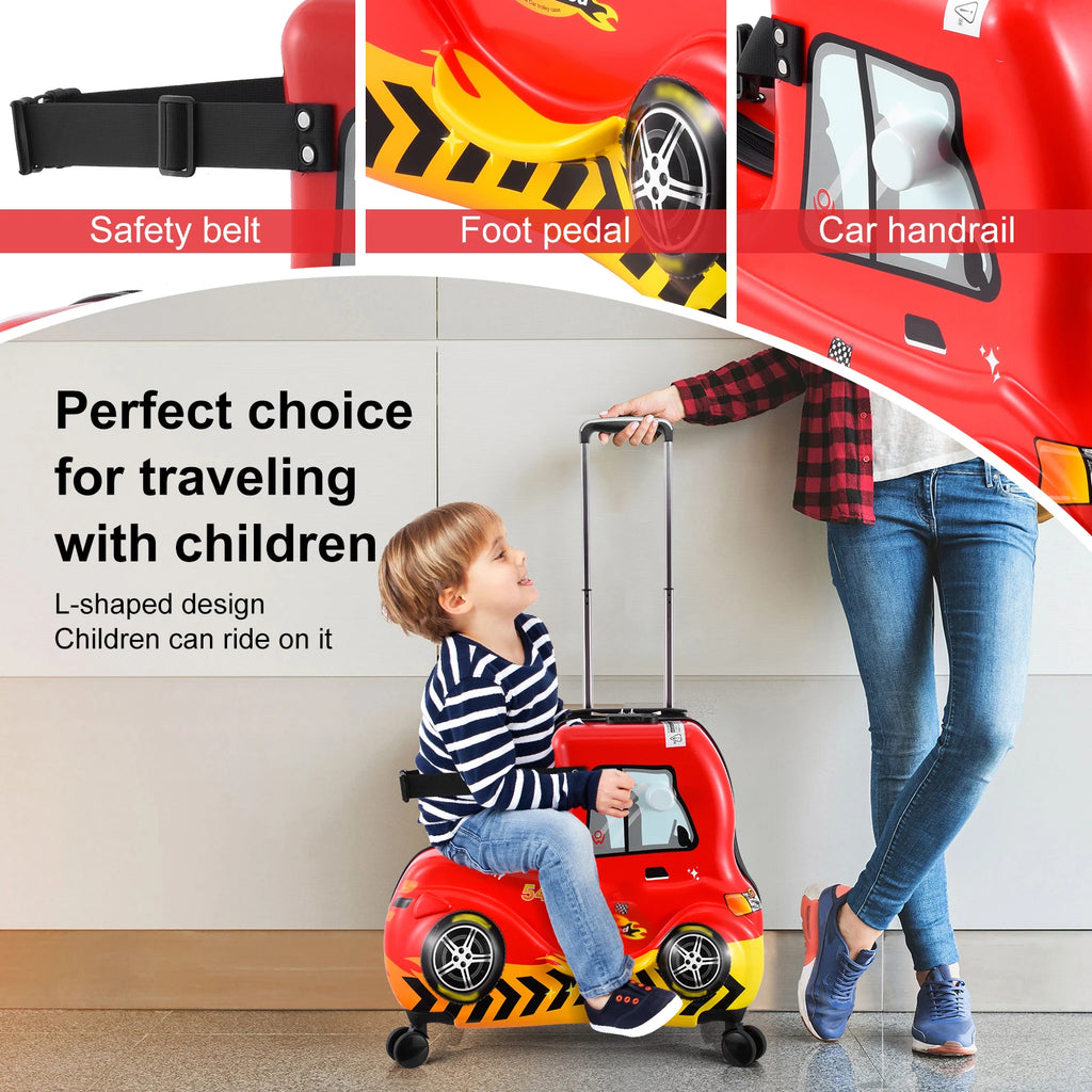 Kids Checked Ride on Luggage, 24 Inch Large Suitcase for Teens, Hardside Spinner Trunk with 360 Wheels, International Travel, Red car