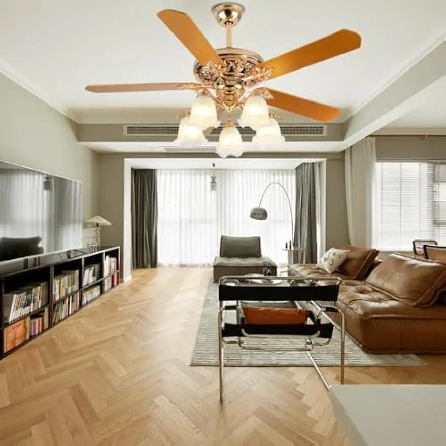 3-Speed Modern Ceiling Fan with Remote Control, 52-Inch Gold Chandelier Ceiling Fan with 5 Wooden Blades and 5 Glass Shades