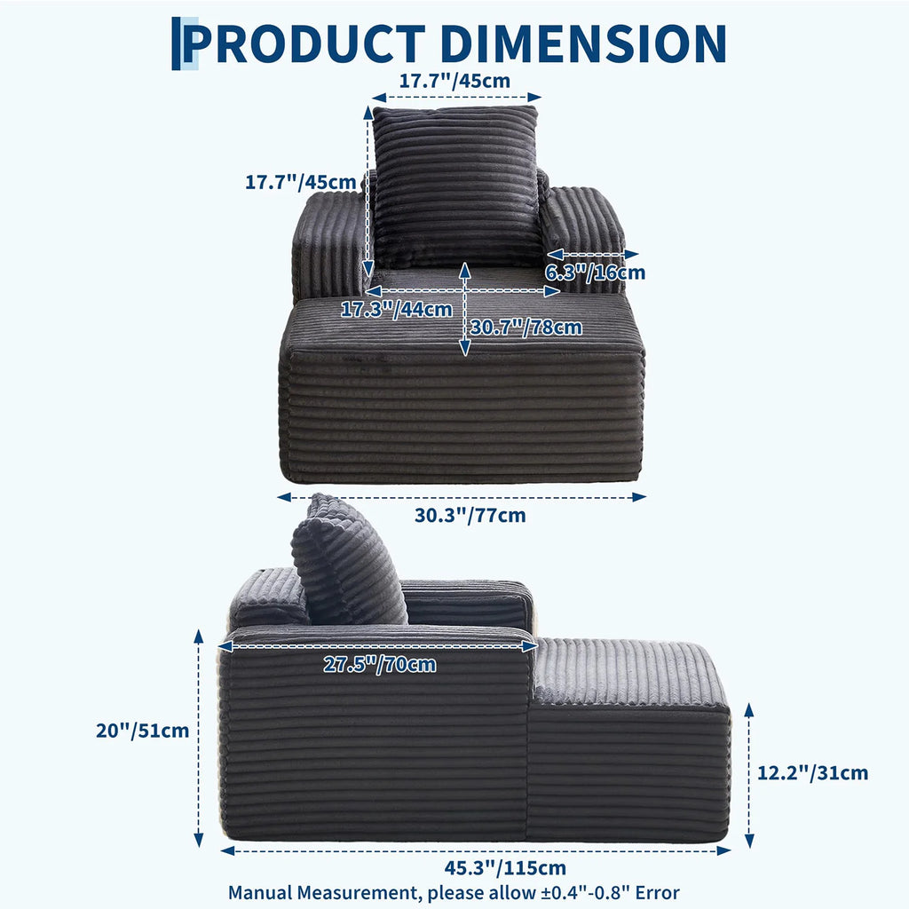 45'' Corduroy Cloud Chaise Lounge Sofa, Deep Seat Reading Chair With Wide Armrests, Back Pillow, No-Assembly Couch