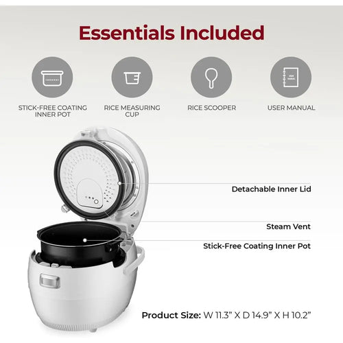 10-Cup Uncooked / 20-Cup Cooked Rice Cooker with Nonstick Inner Pot, 16 Menu Options, Auto Clean, LCD Display