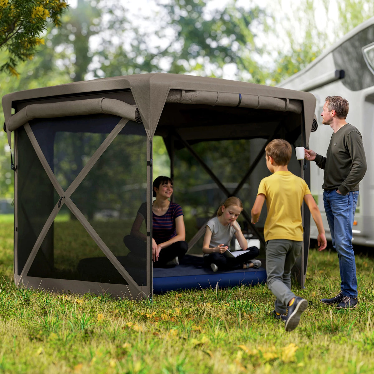 11 X 11ft Pop up Gazebo Screen Tent with Removable Roof Cover, 4 Roll-Up Wind Panels for Camping, Patio, Backyard, Lawn, Brown