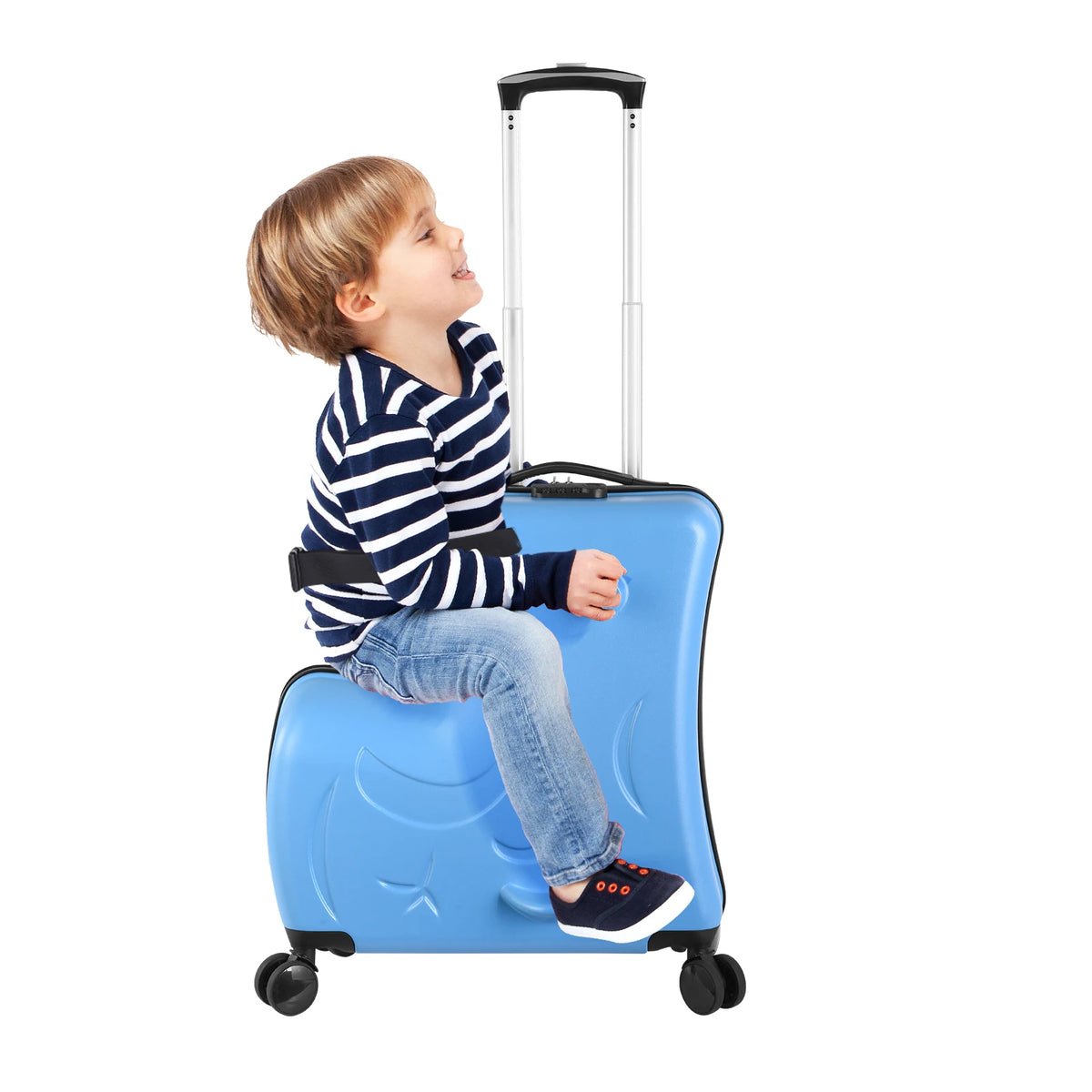 20in Kids Ride-On Luggage, Toddler Luggage Seat, Kids Travel Suitcase with Safety Belt, Wheels for Toddlers, (Blue, Caeey-On)