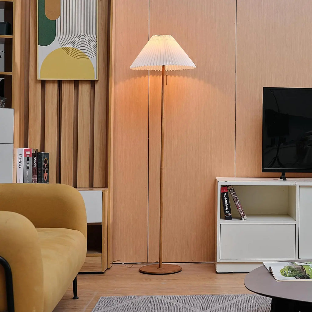 62" Modern Floor Lamp with Wood-Toned Base and Pleated Shade, Pull Chain Switch for Living Room or Bedroom Lighting