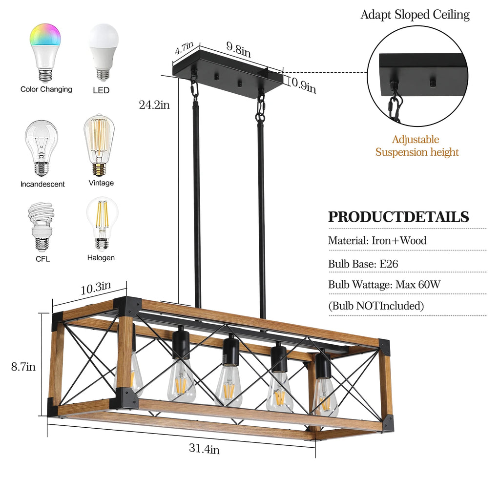 31“Industrial Farmhouse Rectangle Pendant Light - Wood & Iron Metal Frame, 5-Light E26 Bulb Chandelier for Dining Room, Kitchen